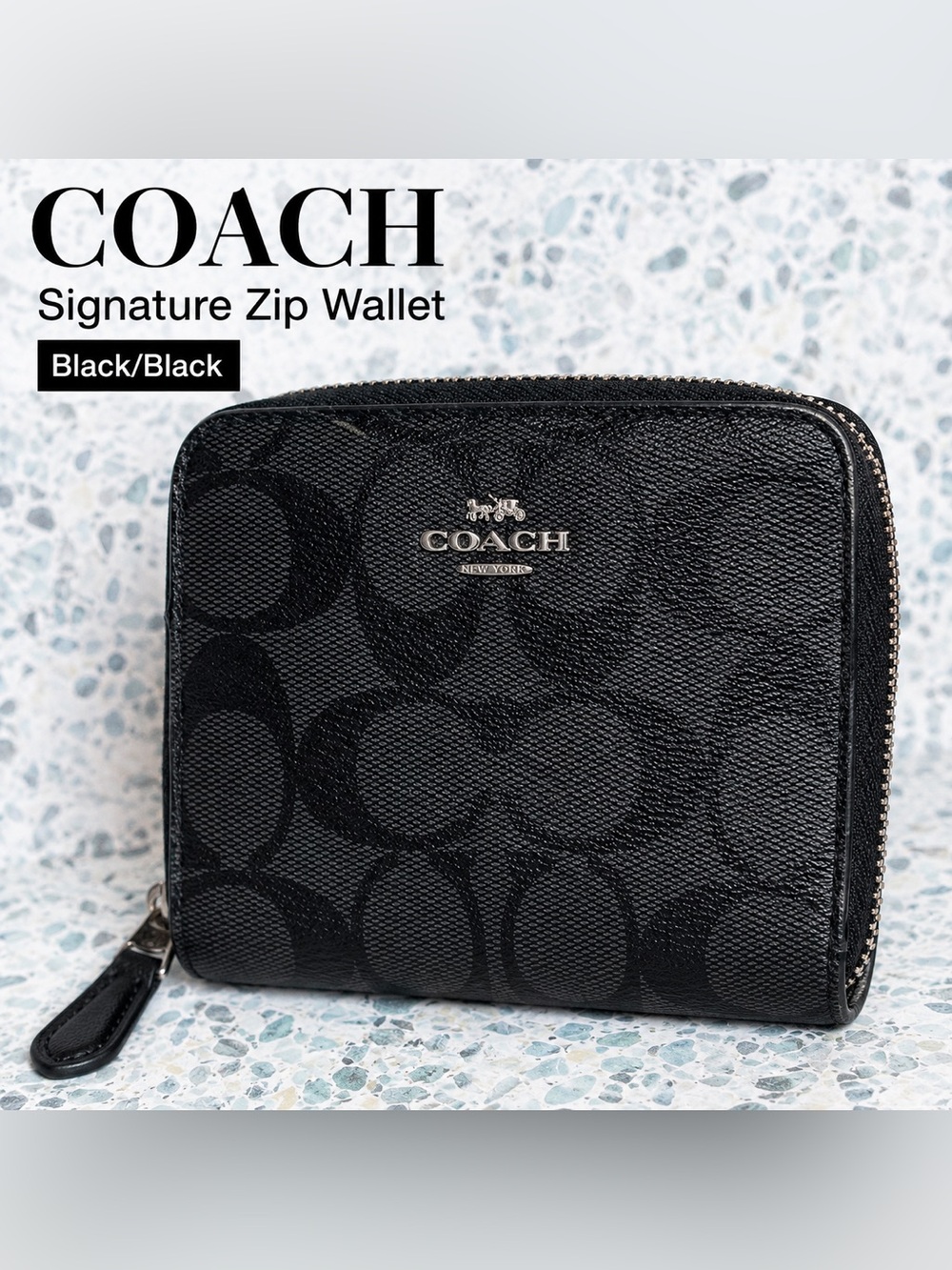 Coach Black Signature Coated Canvas Zip Around Wallet - Picture 1 of 8